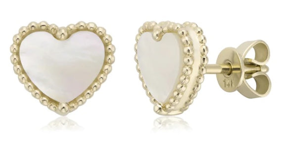 14K Yellow Gold Mother of Pearl Heart Studs by Miss Mimi