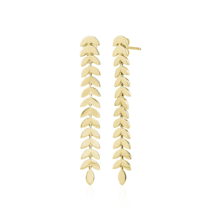 14K Yellow Gold Long Leaf Drop Earrings by Miss Mimi