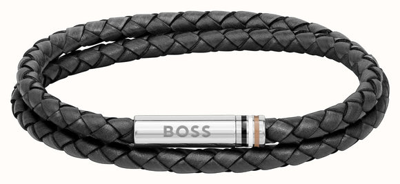 Hugo Boss Ares Black  Double Braided Leather Bracelet