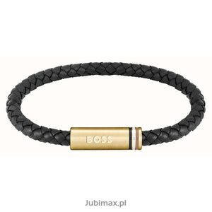 Hugo Boss  "Ares"  Braided Black Leather Gold-Tone Stainless Steel Bracelet