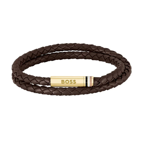 Hugo Boss Ares Brown Double Braided Leather Bracelet