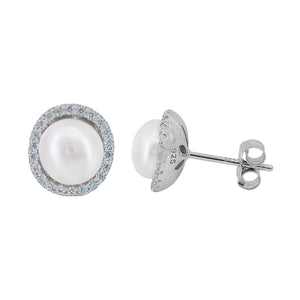 Sterling Silver Pearl and Cubic Zirconia Stud Earrings