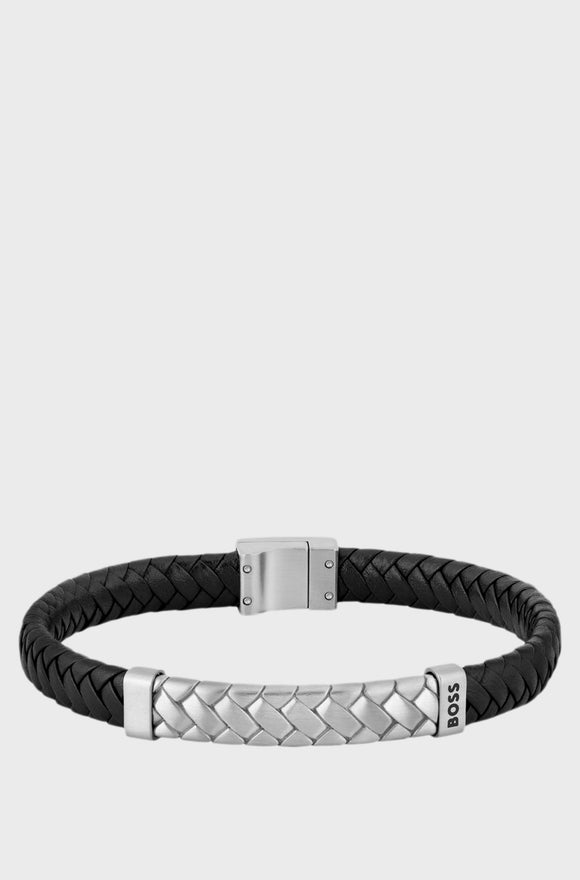 Hugo Boss Black Braided-Leather  Herringbone Bracelet