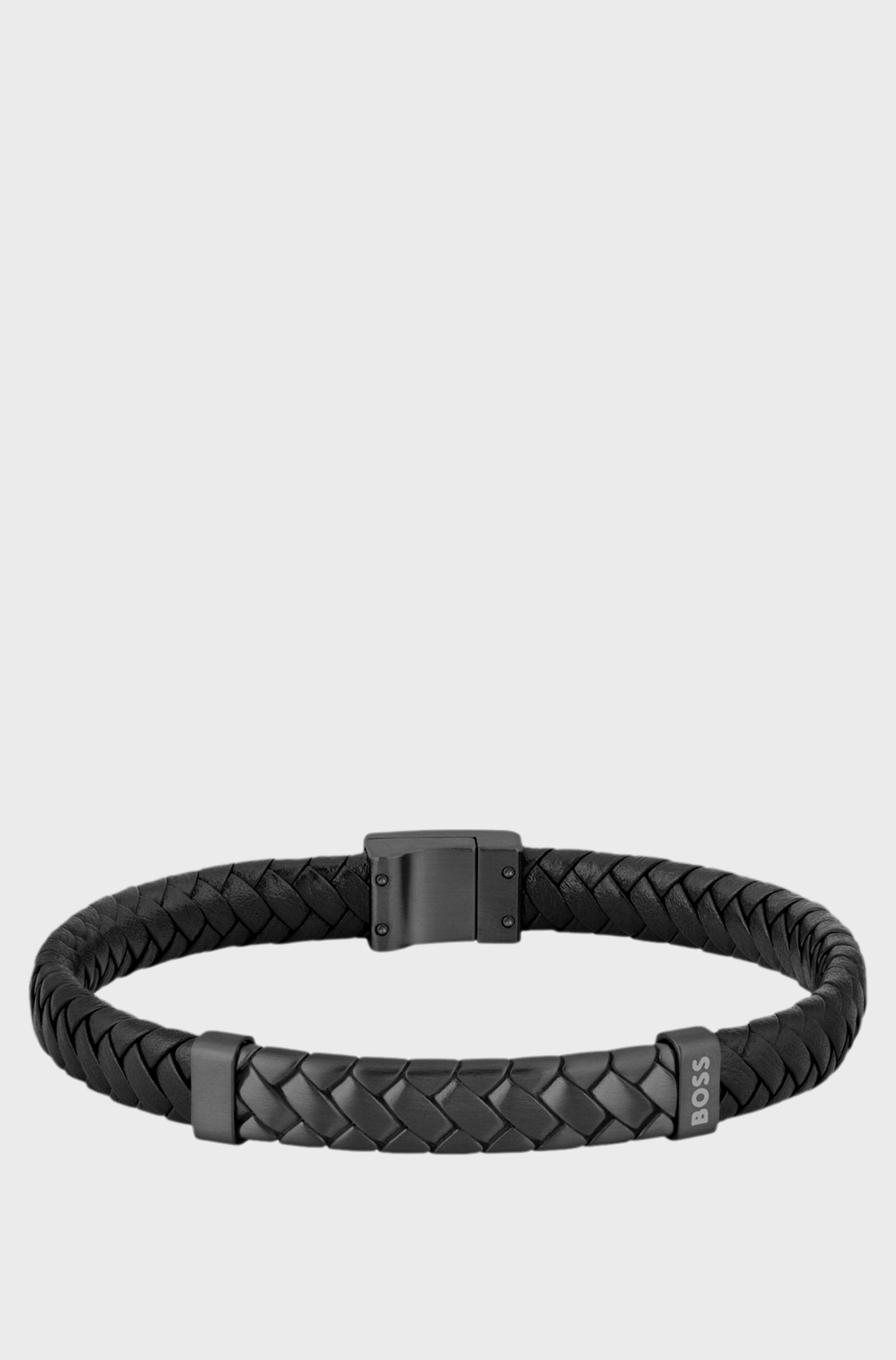 Hugo Boss Black Braided-Leather Black Herringbone Bracelet