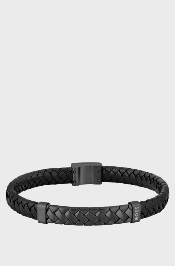 Hugo Boss Black Braided-Leather Black Herringbone Bracelet