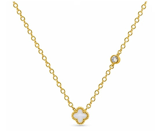 Gold Plated Sterling Silver Pearl Shell Clover with Floating Cubic Zirconia Necklace