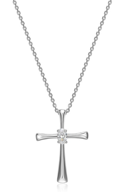 Sterling Silver Cubic Zirconia Oval Cross Necklace by Reign