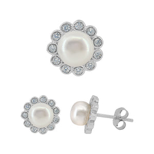 Sterling Silver Freshwater Pearl and Cubic Zirconia Set