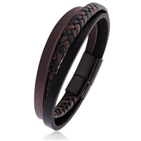 Black Stainless Bracelet  with Black-Brown  Braided Leather