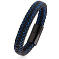 Stainless Steel Bracelet with Black and Blue Braided Faux Leather