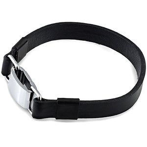 Genuine Black Leather and Stainless Steel Bracelet