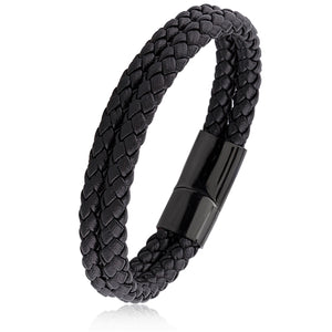 Black Double Row Braided Leather Bracelet