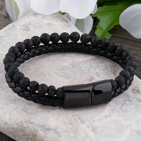 Black Braided Leather Lava Beads Bracelet