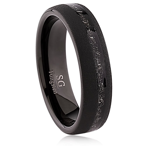 6mm Matte Black Tungsten Ring with Man-Made Meteorite Inlay