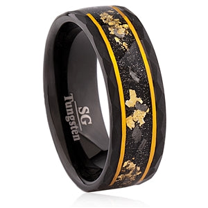 Black Tungsten Ring with Yellow Gold Leaf & Meteorite Inlay  Size 9.5