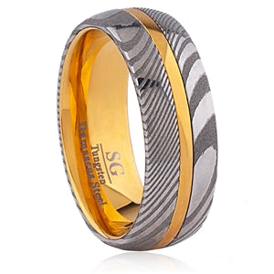 Damacus Steel and Yellow Tungsten Ring