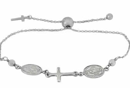Sterling Silver Adjustable Virgin Mary & Cross Charm Bracelet