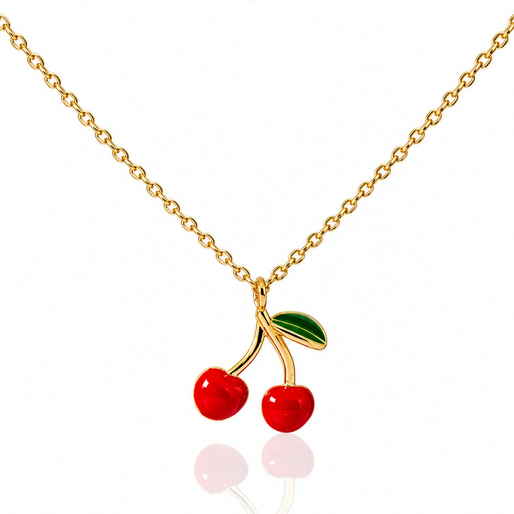 Gold Plated Brass Red Epoxy Cherries Necklace