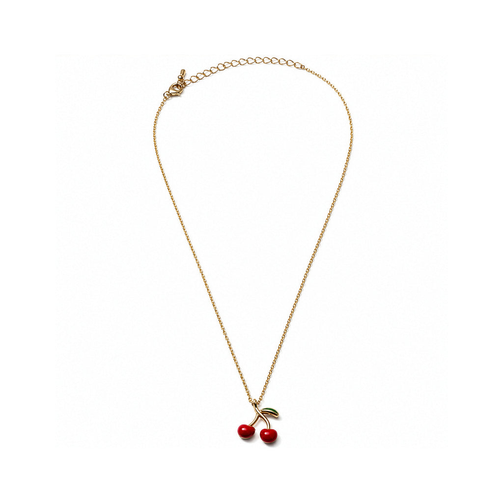 Gold Plated Brass Red Epoxy Cherries Necklace