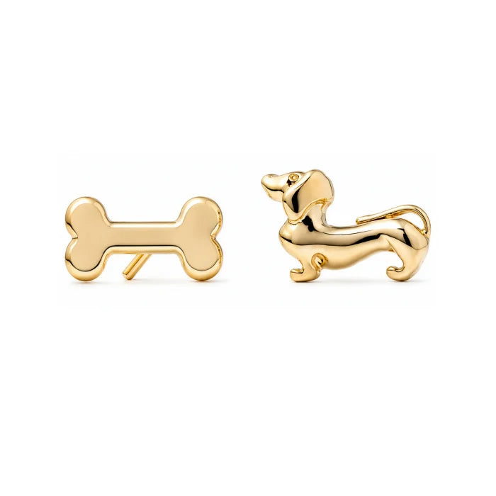 Gold Plated Brass Mismatch Dachshund & Bone Studs