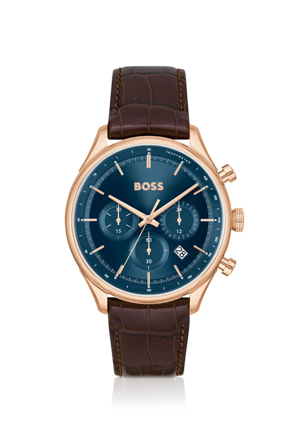 Boss Gold-Tone Chronograph Watch With Brown Leather Strap