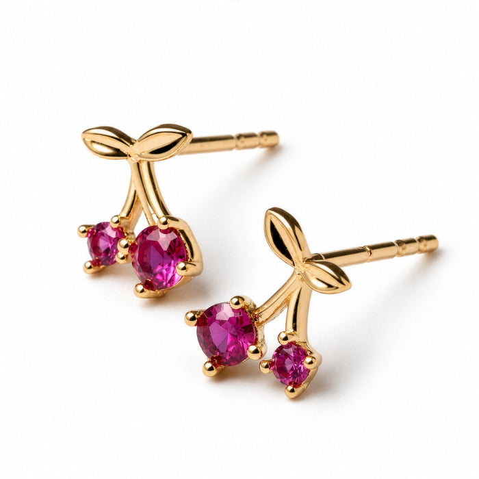 10K Yellow Gold Red Cubic Zirconia Cherry Stud Earrings
