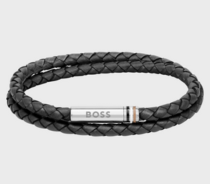 Double-Wrap Cuff in Black Braided Leather by Hugo Boss