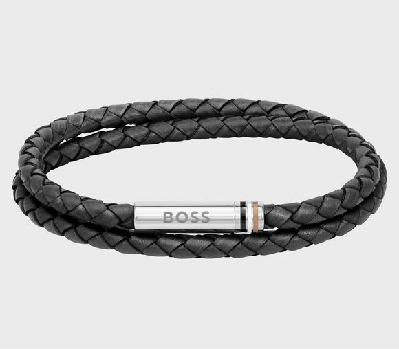 Double-Wrap Cuff in Black Braided Leather by Hugo Boss
