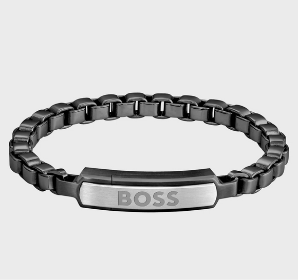 Black-Steel Box-Chain Cuff with Hugo Boss Branded Closure