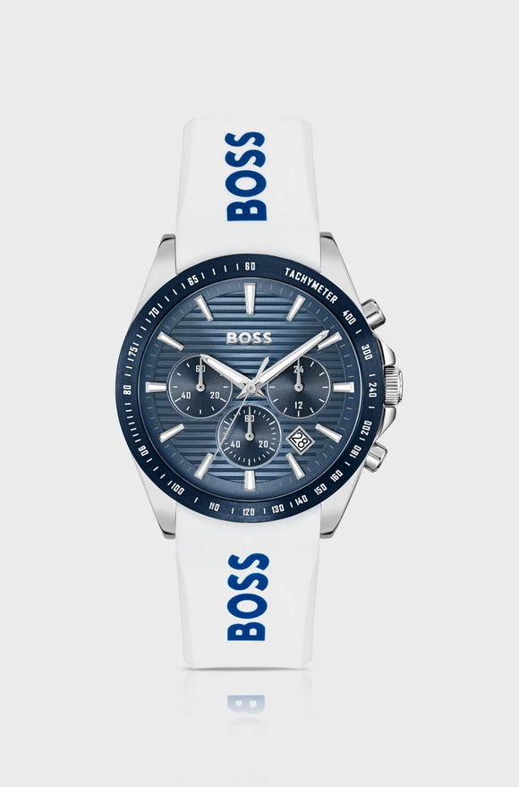 Grooved-Dial Chronograph Watch with Silicone Logo Strap by Hugo Boss