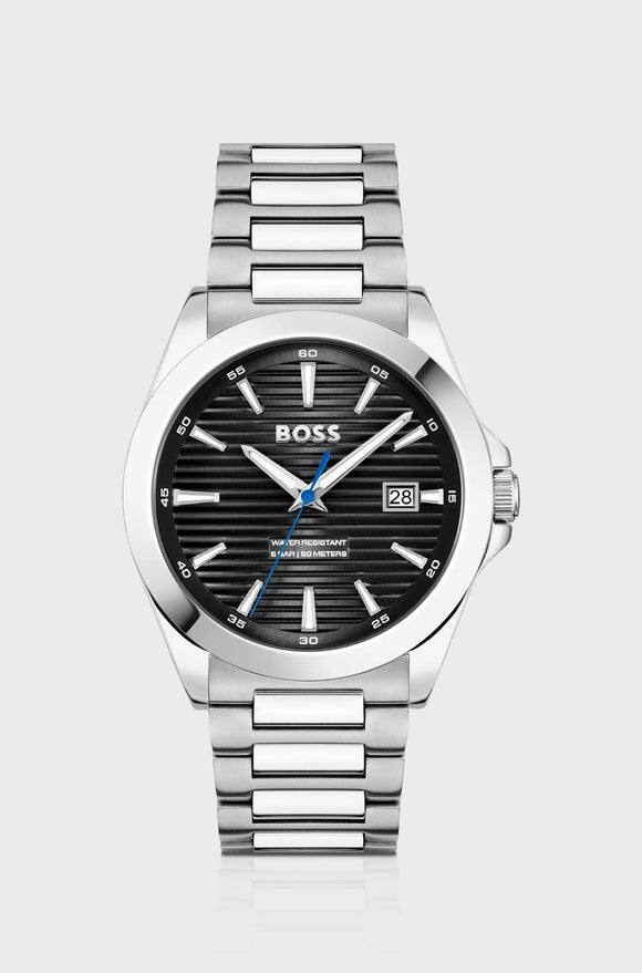 Silver-Tone Watch with Black Grooved Dial by Hugo Boss