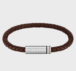Brown Braided-Leather Cuff with Magnetic Closure by Hugo Boss