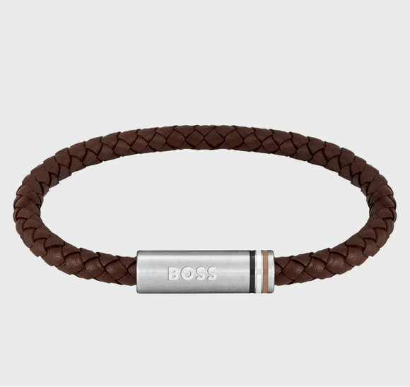 Brown Braided-Leather Cuff with Magnetic Closure by Hugo Boss