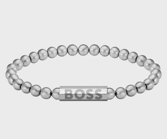 Stainless Steel Beaded Cuff with Logo Closure by Hugo Boss