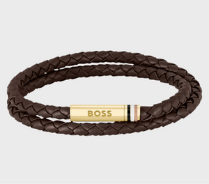 Brown Double Braided-Leather Cuff with Logo Closure by Hugo Boss