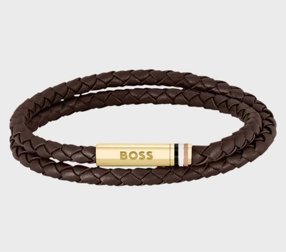 Brown Double Braided-Leather Cuff with Logo Closure by Hugo Boss