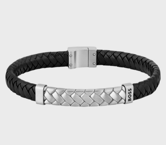 Black Braided-Leather Cuff with Herringbone Hardware by Hugo Boss