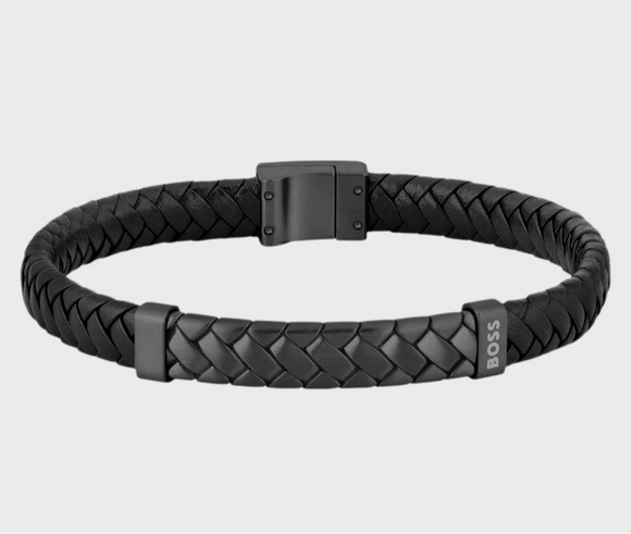 Black Braided-Leather Cuff with Herringbone Hardware by Hugo Boss