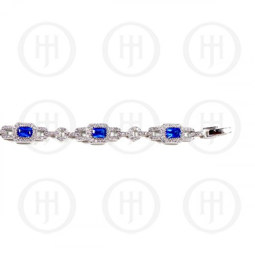 Sterling Silver CZ & Oval Blue Stone Tennis Bracelet
