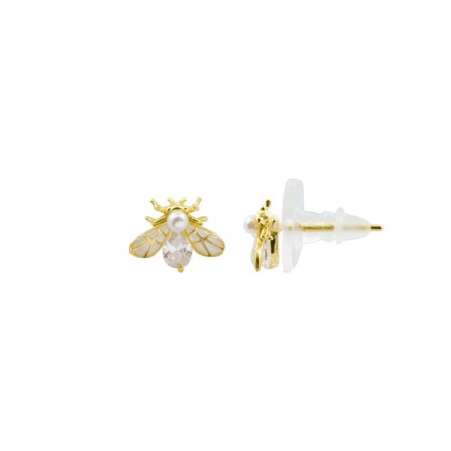 Gold-Plated Silver Bee Studs w/ Pearl and CZ