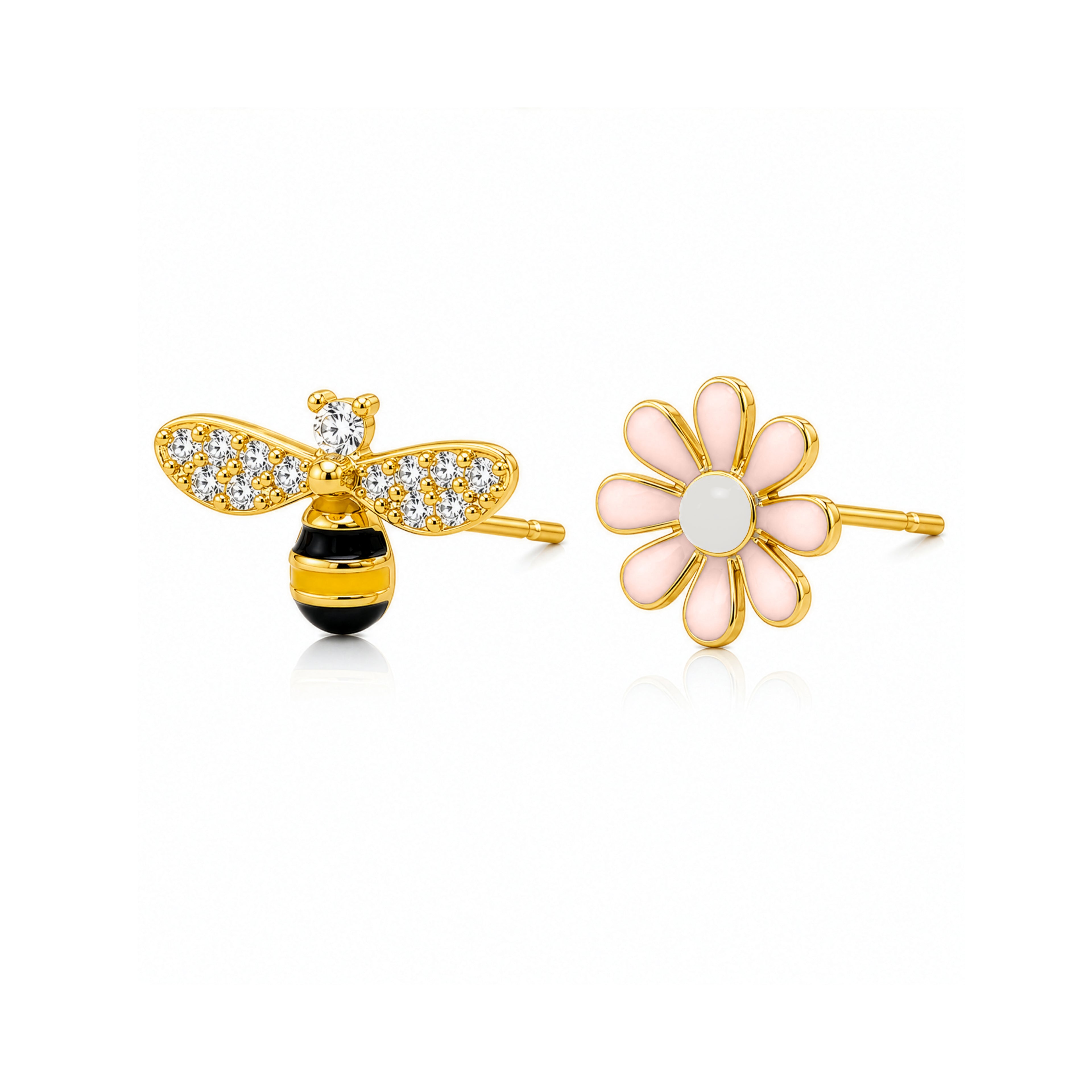 Gold Plated Sterling Silver Mis-Matched Bee and Flower Stud Earrings