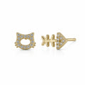 Gold Plated Sterling Silver Mismatch Cat & Fishbone Stud Earrings