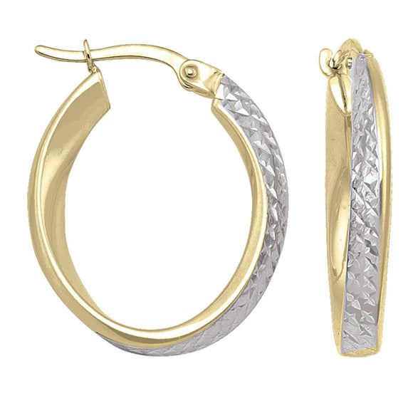 14K Two Tone Fancy Oval Hoop Earrings