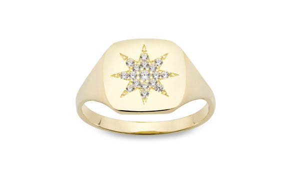 14K Yellow Gold Genuine Diamond Star Signet Ring by Miss Mimi
