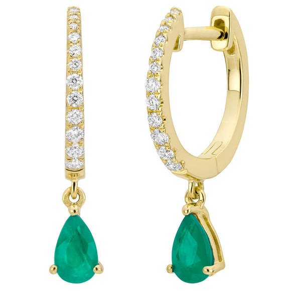 14K Emerald & Diamond Drop Hoop Earrings by Miss Mimi