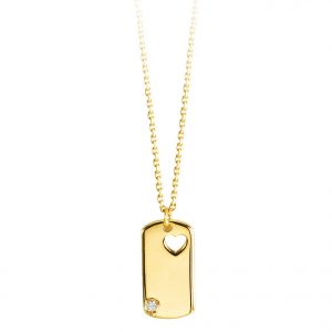 10K Yellow Gold Dog Tag Necklace with Heart & Diamond | 17"