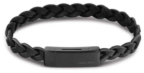Calvin Klein Black Braided Leather and Stainless Steel Bracelet
