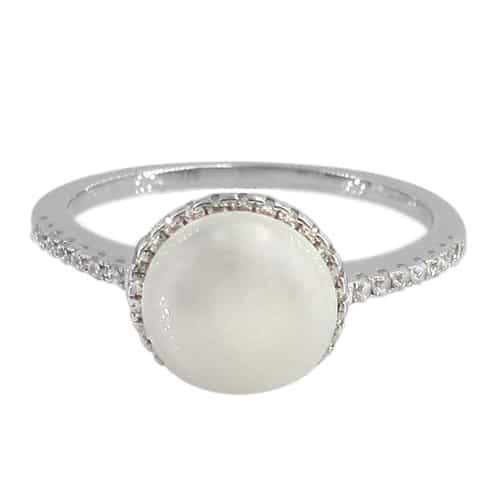 Sterling Silver Pearl Ring with CZ Accents