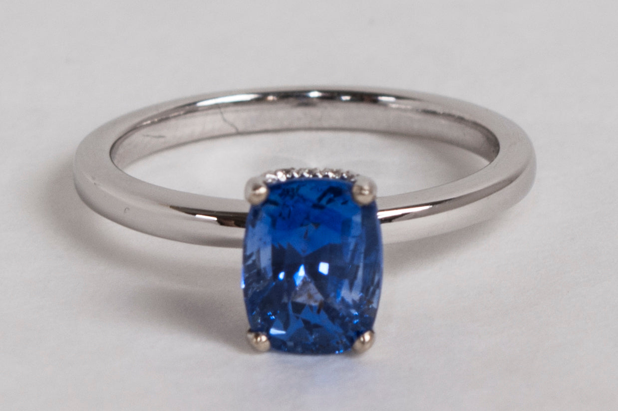 1.57ct Genuine Blue Sapphire Ring with Hidden Diamond Halo