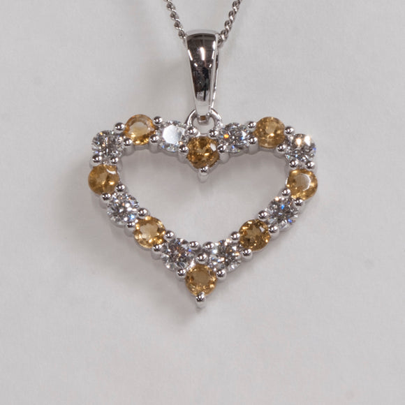 14K White Gold Citrine & Diamond Heart Pendant